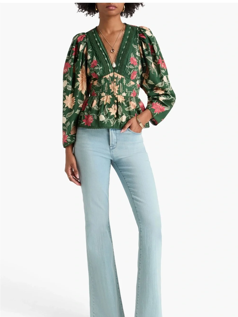FARM Rio Green Floral Peplum Blouse with Pink and Cream Flowers